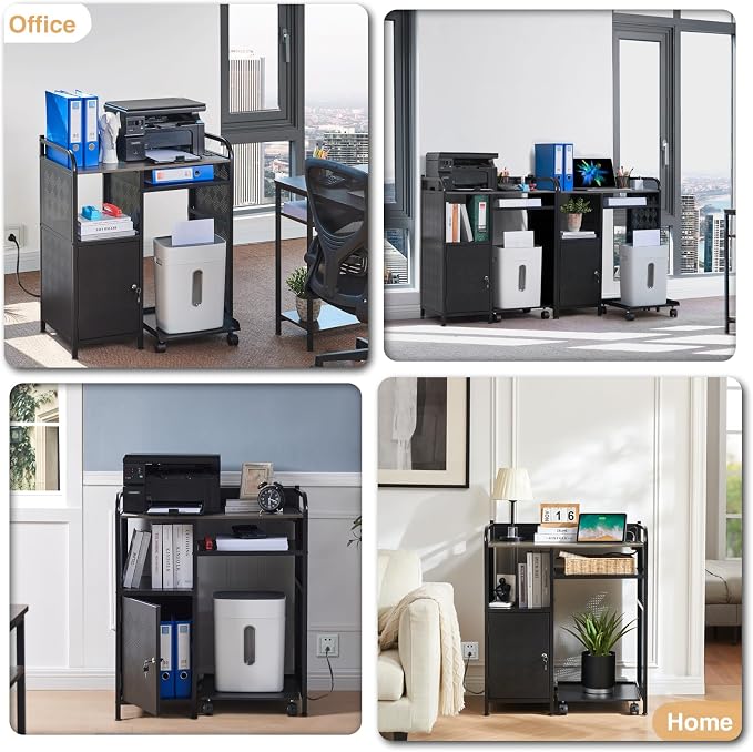 Lauren&Harold Large Printer Stand with Storage, Printer Cabinet with Paper Shredder Stand & PC Tower Stand with Wheels, Printer Table with Socket and USB Charging Port for Home Office