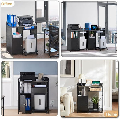 Lauren&Harold Large Printer Stand with Storage, Printer Cabinet with Paper Shredder Stand & PC Tower Stand with Wheels, Printer Table with Socket and USB Charging Port for Home Office