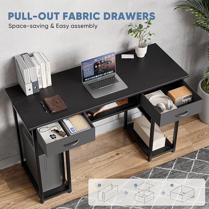 48" Small Gaming Desk with Drawers, Home Office Computer Writing Study Table with Storage Side Bag, Headphone Hook, and Adjustable Feet for Bedroom, Ink