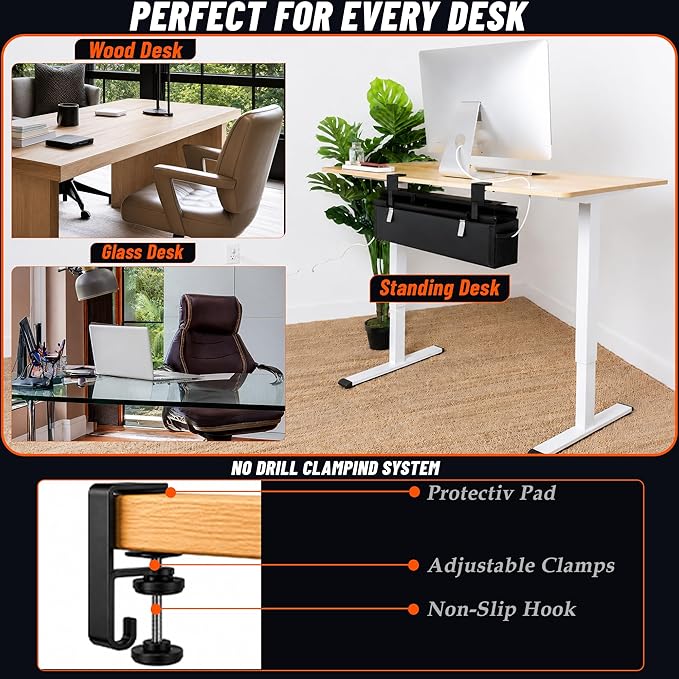 Large Under Desk Cable Management Tray, 28", Black Standing Under Cable | No Drill, Fabric Cord Organizer with Reinforced Base, Clamp Mount Wire Management, For Office/Home & Standing Desk