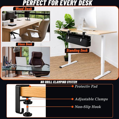 Large Under Desk Cable Management Tray, 28", Black Standing Under Cable | No Drill, Fabric Cord Organizer with Reinforced Base, Clamp Mount Wire Management, For Office/Home & Standing Desk