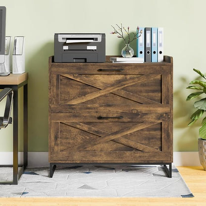 2 Drawer Lateral File Cabinet, Filing Cabinet with Charging Station for Letter/Legal/A4 Size Hanging Files, Modern Farmhouse File Storage Cabinet for Home Office, Printer Stand with Storage, Brown