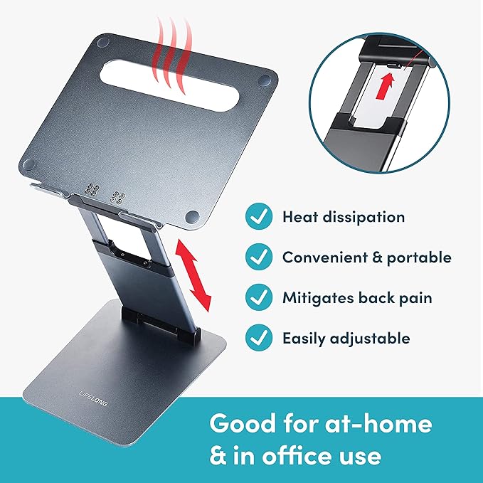 Lifelong Ergonomic Adjustable Laptop Stand for Desk, Extra Tall 20” Height Aluminum Laptop Riser, Portable Foldable Computer Stand, Fits 10-17” Laptops for Office Meetings, Teamwork & Desk Setup