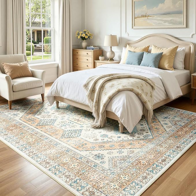 Lofus Vintage Living Room Rugs 8x10, Soft Machine Washable Area Rug for Bedroom Indoor Floor Home Office House Decor, Oriental Traditional Distressed Farmhouse Carpet, Boho Beige and Orange