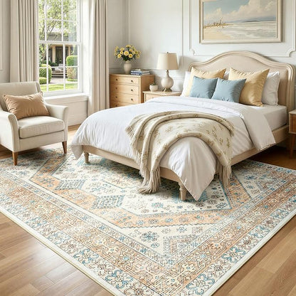 Lofus Vintage Living Room Rugs 8x10, Soft Machine Washable Area Rug for Bedroom Indoor Floor Home Office House Decor, Oriental Traditional Distressed Farmhouse Carpet, Boho Beige and Orange