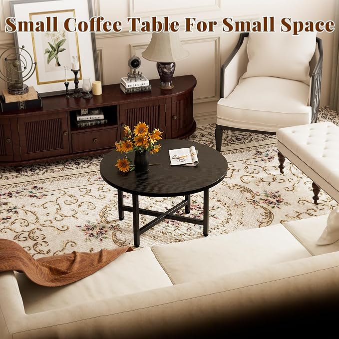 Coffee Table, 23.6" Small Coffee Tables, Black Round Coffee Tables for Living Room, Floor Table for Sitting on The Floor, Center Coffee Table with Metal Frame for Office Apartment Home