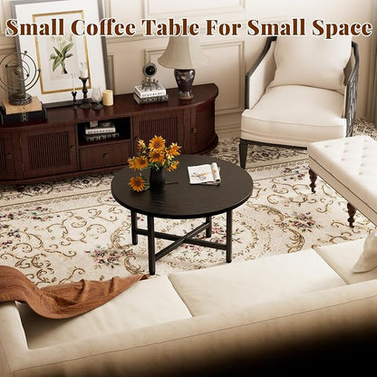 Coffee Table, 23.6" Small Coffee Tables, Black Round Coffee Tables for Living Room, Floor Table for Sitting on The Floor, Center Coffee Table with Metal Frame for Office Apartment Home
