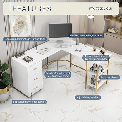 Techni Mobili L Shaped Desk - Two-Toned Computer Desk with Drawers & Storage Shelves - Simple Modern Furniture & Home Office Space Corner Table for Work & Writing
