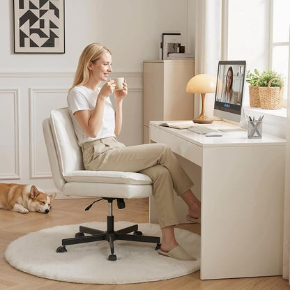 DurayLoly Criss Cross Chair with Wheels, Armless Cross Legged Office Chair with 2 Layer Comfy Leather & Back, 90°-120° Reclining, Wide Vanity Chair for Home Office, Beige