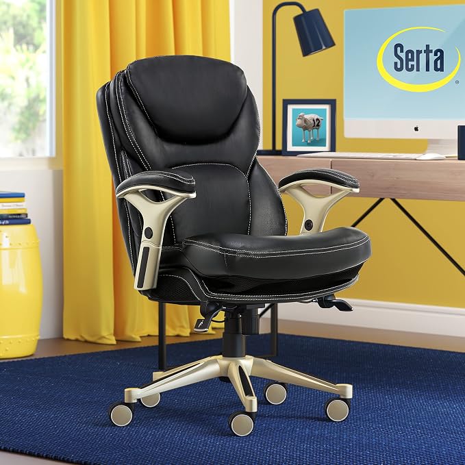Serta Claremont Ergonomic Executive Office Chair with Back in Motion Technology, Adjustable Mid Back Desk Chair with Lumbar Support, Bonded Leather, Black