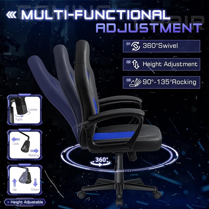 Office Gaming Chair High Back Leather Computer Chairs Ergonomic Height Adjustable Racing Game Desk Chair Executive Conference Task Chair (Blue)