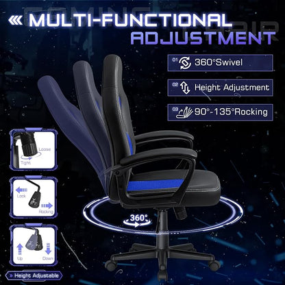 Office Gaming Chair High Back Leather Computer Chairs Ergonomic Height Adjustable Racing Game Desk Chair Executive Conference Task Chair (Blue)