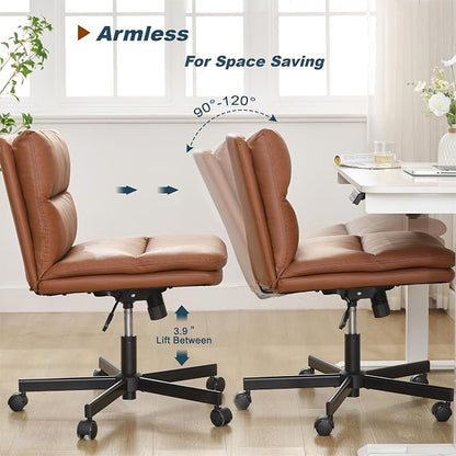 Okeysen Criss Cross Chair with Wheels,Wide Seat Cross Legged Comfy Office Desk Chair, PU Leather Armless Swivel Computer Task Chairs for Home, Office, Vanity, Brown
