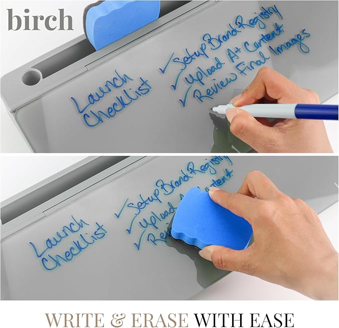 Birch Small Desktop Whiteboard – Glass Dry Erase Board Desk Pad Keyboard Stand with Storage Compartment, Adjustable Dividers, 3 Markers, Eraser & Holder – Perfect for Office, Home, & School (Charcoal)