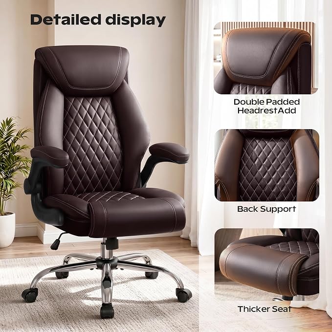 Office Chair, Ergonomic High Back Home Office Desk Chair, Big and Tall Breathable Leather Office Chair with Lumbar Support Flip-Up Armrests, Computer Chair with Rocking Function