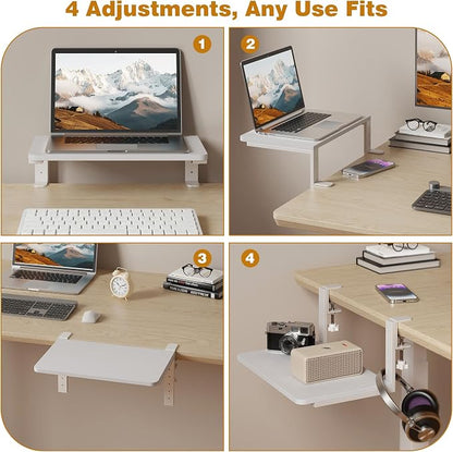 Desk Extender, 15-inch Clamp-On Desk Shelf, Height-Adjustable Desktop Shelf Organizer for Monitors Office and Gaming Accessories, Arm Support Table Extension, 44lbs Heavy Duty, White