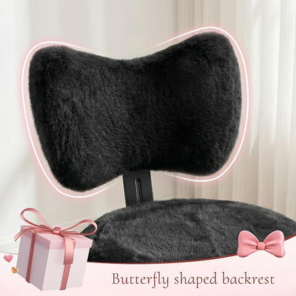 Homkdom Vanity Chair with Wheels, Cute Desk Chair with Bow Backrest, Fluffy Faux Rabbit Fur Small Office Chair for Vanity, Make-up Room, Bedroom, Dorm, Height Adjustable, Black