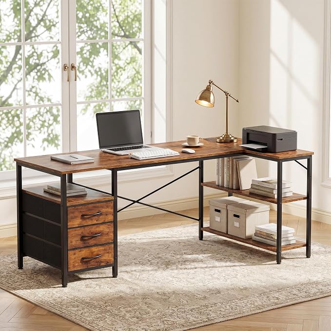 Alpen L Shaped Computer Desk, 47 Inch Corner Desk with Drawers and Power Outlets, Home Office Desk for Gaming, Study Writing PC Table with Storage and Reversible Shelf, Brown