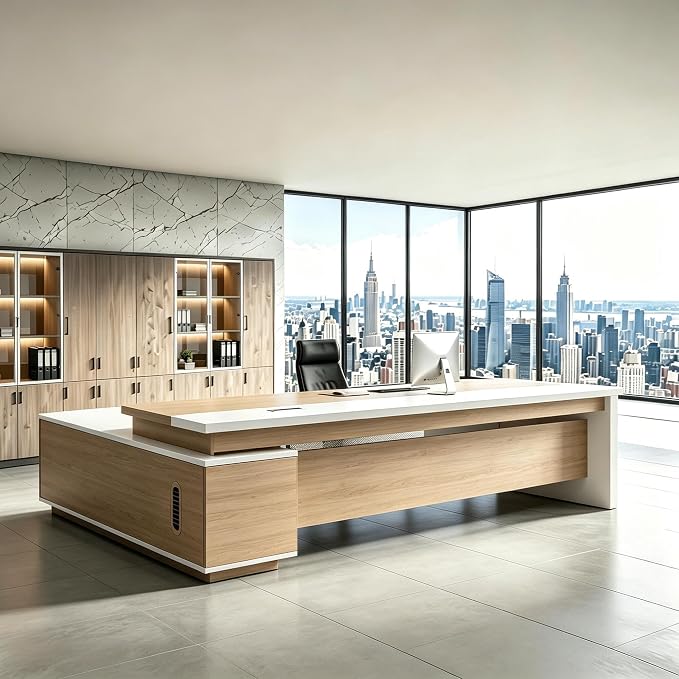 L Shaped Executive Desk with Drawers, Modern Large Wood Home Office Desk, Computer Desk with Storage for Boss Office Workstation