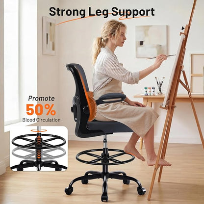 AreShark Drafting Office Chair - Ergonomic Tall Office Chair with Adjustable Footrest Ring - Counter Height Adjustable Rolling Standing Desk Chair with Lumbar Support and Flip-up Armrests for Home