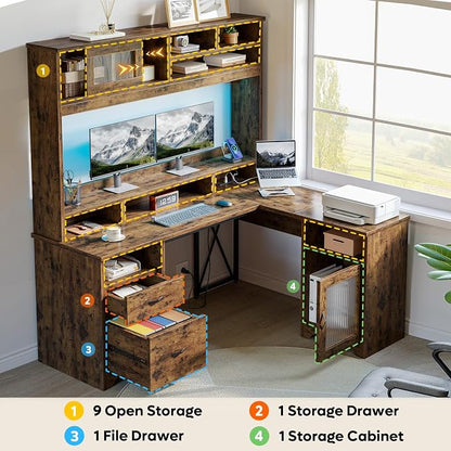 Bestier Farmhouse 63" L Shaped Desk with Hutch, Wood Computer Desk with Drawers, Charging Station, LED Light, Fluted Sliding Door Cabinet, Monitor Stand, Executive Desk for Home Office, Rustic Brown