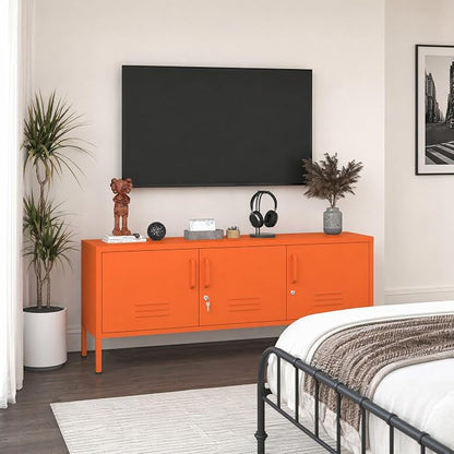 Metal Storage Cabinet with Adjustable Shelves, Wide Lockable TV Stand, Multipurpose Accent Cabinet, Orange Colorful Locker for Home Office Living Room, 22" H x 47.3" x 13.8" D