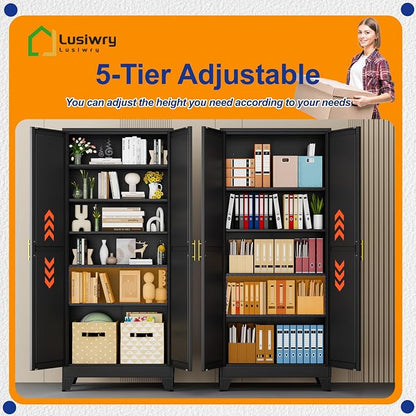 Metal Storage Cabinet with 2 Doors and 5 Adjustable Shelves - 74.8" Steel File Cabinet,Tool Cabinets for Office,Home,Garage,Gym,School (Black)