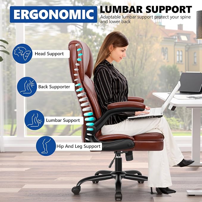 PU Leather Office Chair, Ergonomic High-Back Desk Computer & Gaming Chair with Adjustable Height, Rolling Swivel & Flip-Up Armrests, Comfy Padded Seat for Home Office-Brown