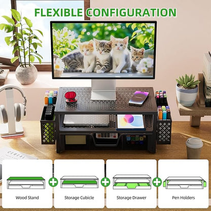 Simple Trending Desk Organizer and Accessories, 2 Tier Computer Metal Monitor Stand Riser with Drawer and Pen Holder for Laptop, Computer, iMac, Black