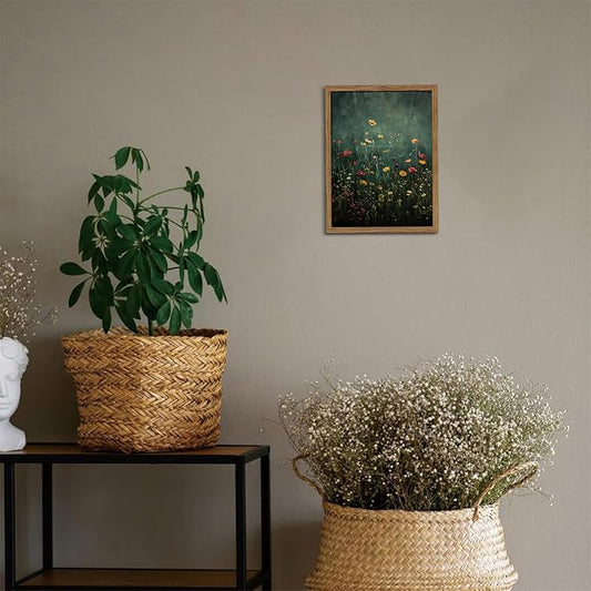 Wildflower Field Framed Wall Art, Vintage Botanical Flower Wall Decor, Modern Farmhouse Floral Canvas Art, Green Field Landscape Pictures Artwork for Living Room Bedroom – 8x10 inch