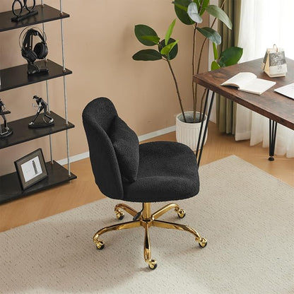 VINGLI Wide Criss Cross Legged Office Chair,Buttprint Ergonomic Desk Chair Comfy with Pillow&Gold Base,Dual-Use with/no Wheels,Adjustable Vanity Swivel Chair for Bedroom,Home Office,Teddy Fleece,Black