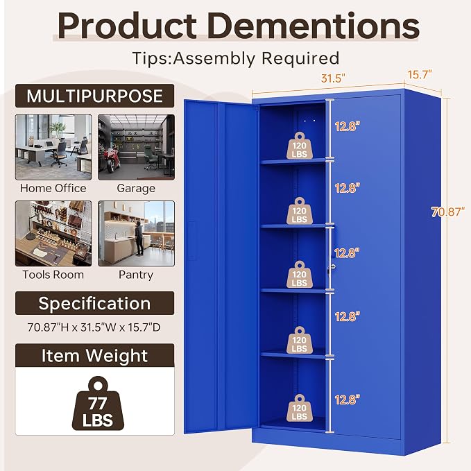Metal Storage Cabinet with Lock, 71" Black Garage Cabinets with 2 Doors and 4 Adjustable Shelves, Steel Locking Caninet Tall Tool Storage Cabnet, Lockable File Caninets for Home Office, Pantry