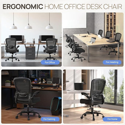 Mimoglad Ergonomic Office Chair, Comfortable Desk Chair with Flip-up Armrests, Adjustable Lumbar Support, 135° Reclining Mesh Computer Chair for Home Office, Small Spaces and Team Office, Black