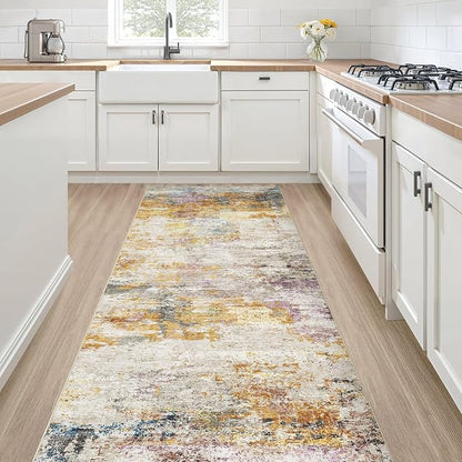 Runner Rug Kitchen Washable Rugs: 2x5 Non-Slip Abstract Soft Modern Stain Resistant Indoor Floor Neutral Accent Throw Carpet for Hallway Bathroom Laundry Room Entryway Bedroom- Gold Colorful