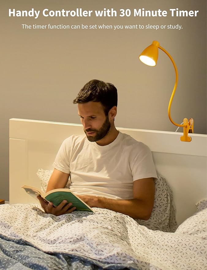 BOHON Clip on Light, Desk Lamp with Clamp, 5 Color 10 Brightness Yellow | Flexible Neck Clip Lamp, 10W 38 LED, Auto Off Timer, Desk Lights for Office Home Bed Bedside Reading, Bright Yellow