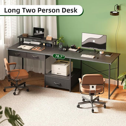 L Shaped Computer Desk, 78.7" Reversible Home Office Desk with Printer Storage Shelf & 3 Fabric Drawers, Two Person Desk with LED Lights & Power Outlet, Corner Gaming Desk with Monitor Shelf, Black