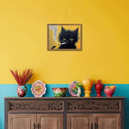 Vintage Black Cat Wall Art, Black Cat Painting Portrait Wall Decor, Mens Room Canvas Print Poster, Cool Animals Picture Art for Bathroom Decor 12x16 inch Wood Framed