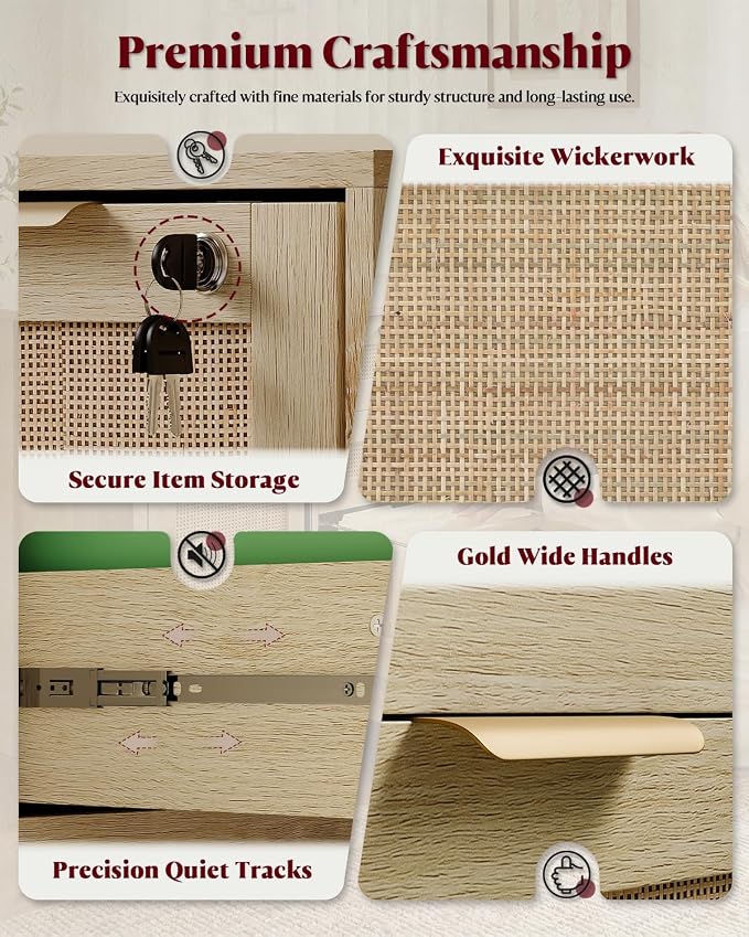 HOPUBUY 3 Drawer File Cabinet with Lock, Small Rattan Filing Cabinets with Wheels, Wood Rolling Office Storage for Under Desk Home Office,Natural
