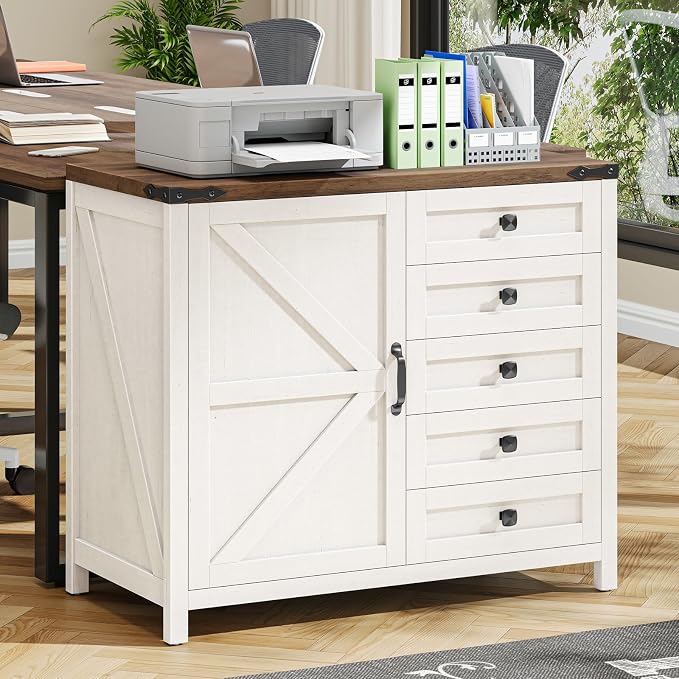 Vabches 5 Drawer Storage Cabinet, Office Storage Cabinet with Door and Adjustable Shelf, Large Farmhouse Printer Stand for Home Office, Rustic White