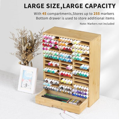 AUTOARK Bamboo Marker Organizer for 225 Markers,AHK-063 | Desktop Storage with Drawers,Art Markers Pens Pencils Brushes,Stationary Organizer