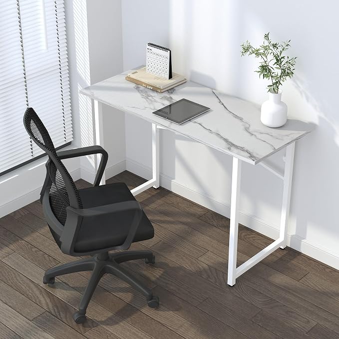 Lutown-Teen 47 inch Folding Desk No Assembly Required, Writing Gaming Computer Camping Table, Home Office Desk, White Marble