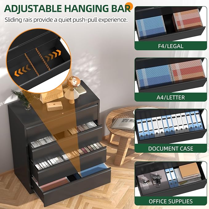Lateral File Cabinet 4 Drawer, Metal File Cabinet with Lock | Filing Cabinets for Home Office, Black Locking Deep Drawer for Hanging Files Letter/Legal/A4/F4 Size, Assembly Required