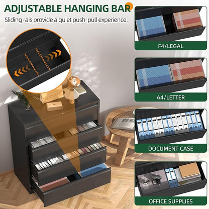 Lateral File Cabinet 4 Drawer, Metal File Cabinet with Lock | Filing Cabinets for Home Office, Black Locking Deep Drawer for Hanging Files Letter/Legal/A4/F4 Size, Assembly Required