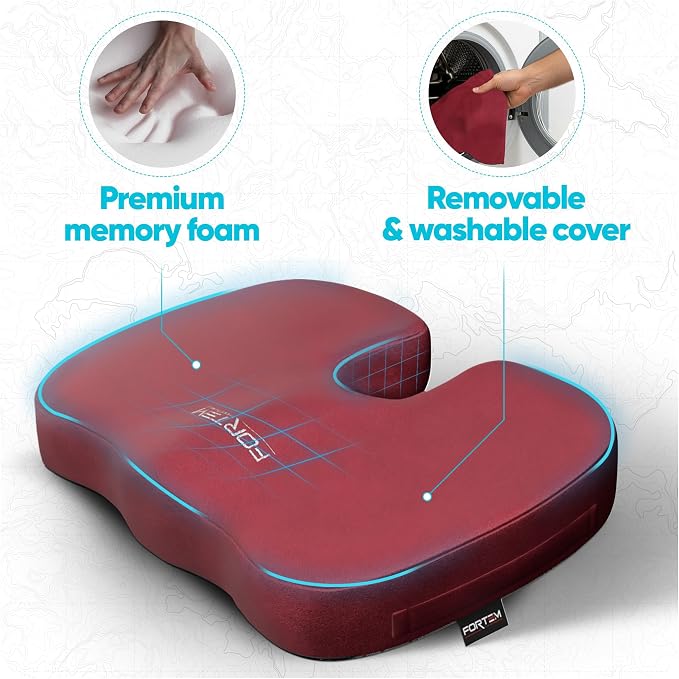 FORTEM Seat Cushion, Office Chair Cushion, Memory Foam Car Seat Cushions, Sciatica Coccyx Tailbone Pain Relief, Chair Cushions for Back Support, Sitting Pad for Gaming, Washable Cover, Non Slip, XL
