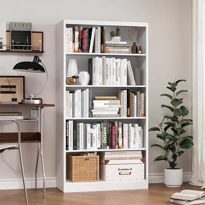OSEILLC Bookcase,5 Tier White Bookshelves,66" Tall Free Standing Metal Bookcase with Adjustable Storage Shelves, Industrial Wide Bookshelf for Bedroom Living Room Home Office School