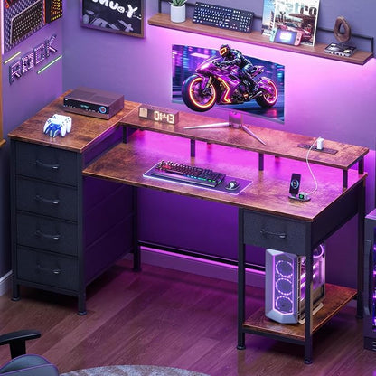 Korfile 47 Inch Gaming Desk with Power Outlets and LED Lights, Reversible Computer Desk with 5 Fabric Storage Drawers, Home Office Desk with Monitor Stand for Working Writing Study, Rustic Brown