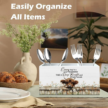 DILSJ Inspirational Highland Cow Pen Pencil Holder Organizer for Desk, Highland Cow Gifts for Women, Every Day Is a New Beginning Wooden Box Signs for Home Office Decoration Office & School Supplies