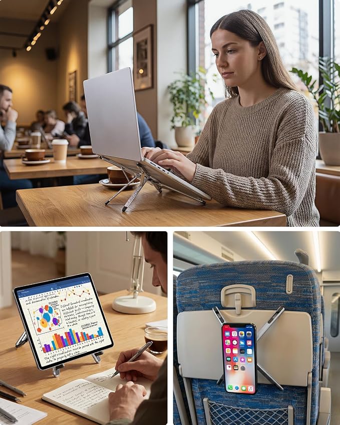 Viozon Portable Laptop Stand for Desk, Foldable Adjustable Computer Riser with Magnetic Phone Holder, Aluminum Laptop Stand for 10–16” Laptops & 4–13” Phones/Tablets (Silver)