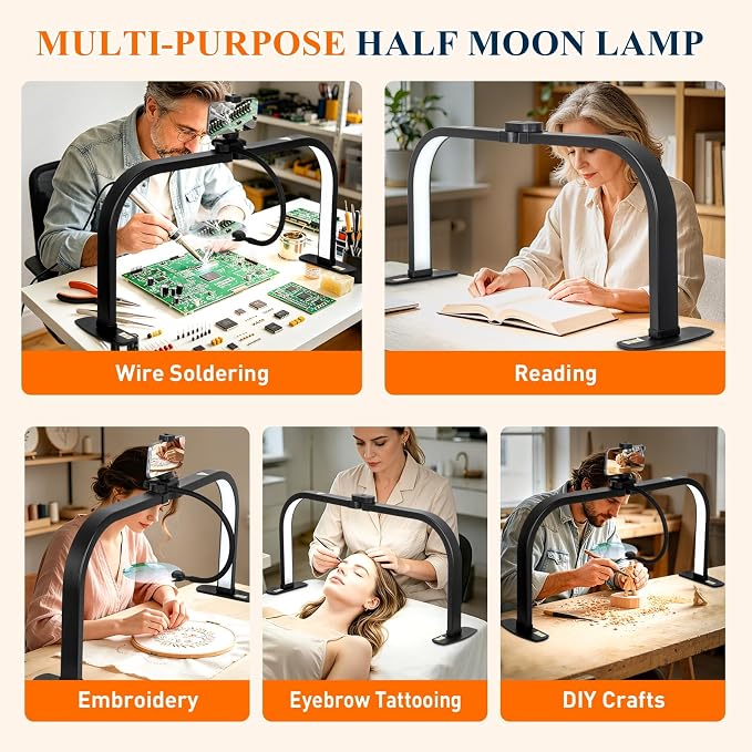 Half Moon Nail Light for Desk with 5X Magnifier & Phone Holder, LED Arch Tech Lamp 30" Foldable for Manicure Eyelash Extensions Tattoo Facial Salon Craft, 2700LM Multiple Brightness 3000-6000K