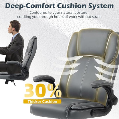 Office Chair - Executive Leather High Back Office Desk Chair with Rocking Function - Ergonomic Breathable Comfortable Wide Swivel Rolling Gaming Computer Chair with Flip-up Armrests & Lumbar Support